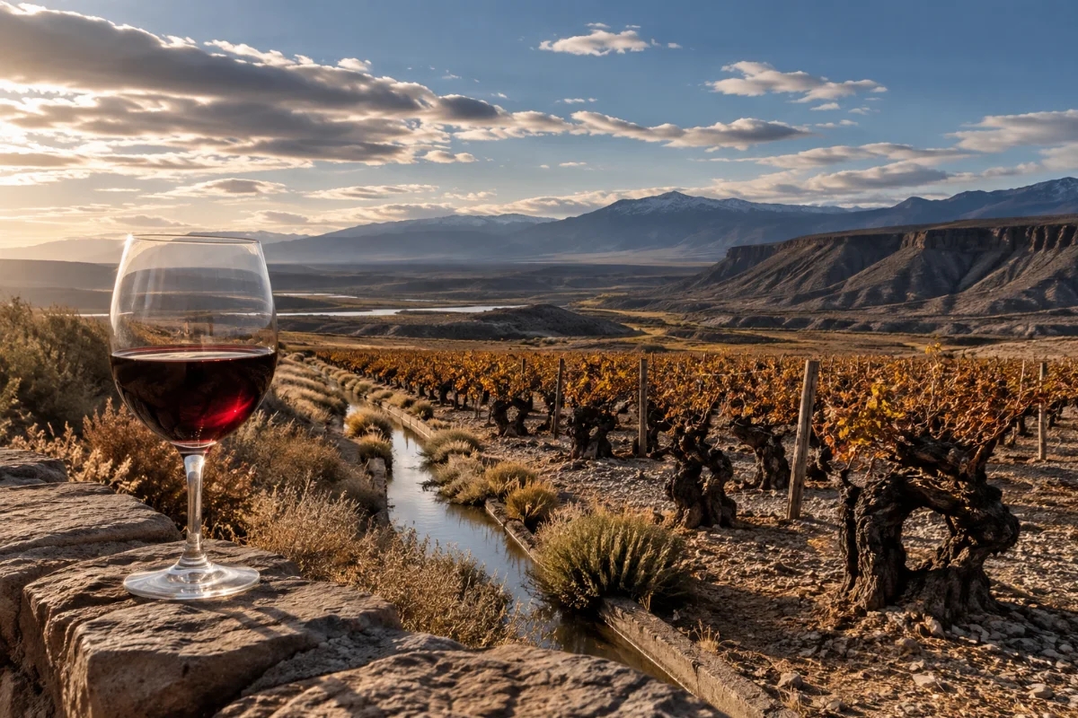 Alte Pinot-Noir-Rebstöcke in Río Negro, Patagonien, karge Steppenlandschaft mit Bewässerungsgräben, klares Südlicht