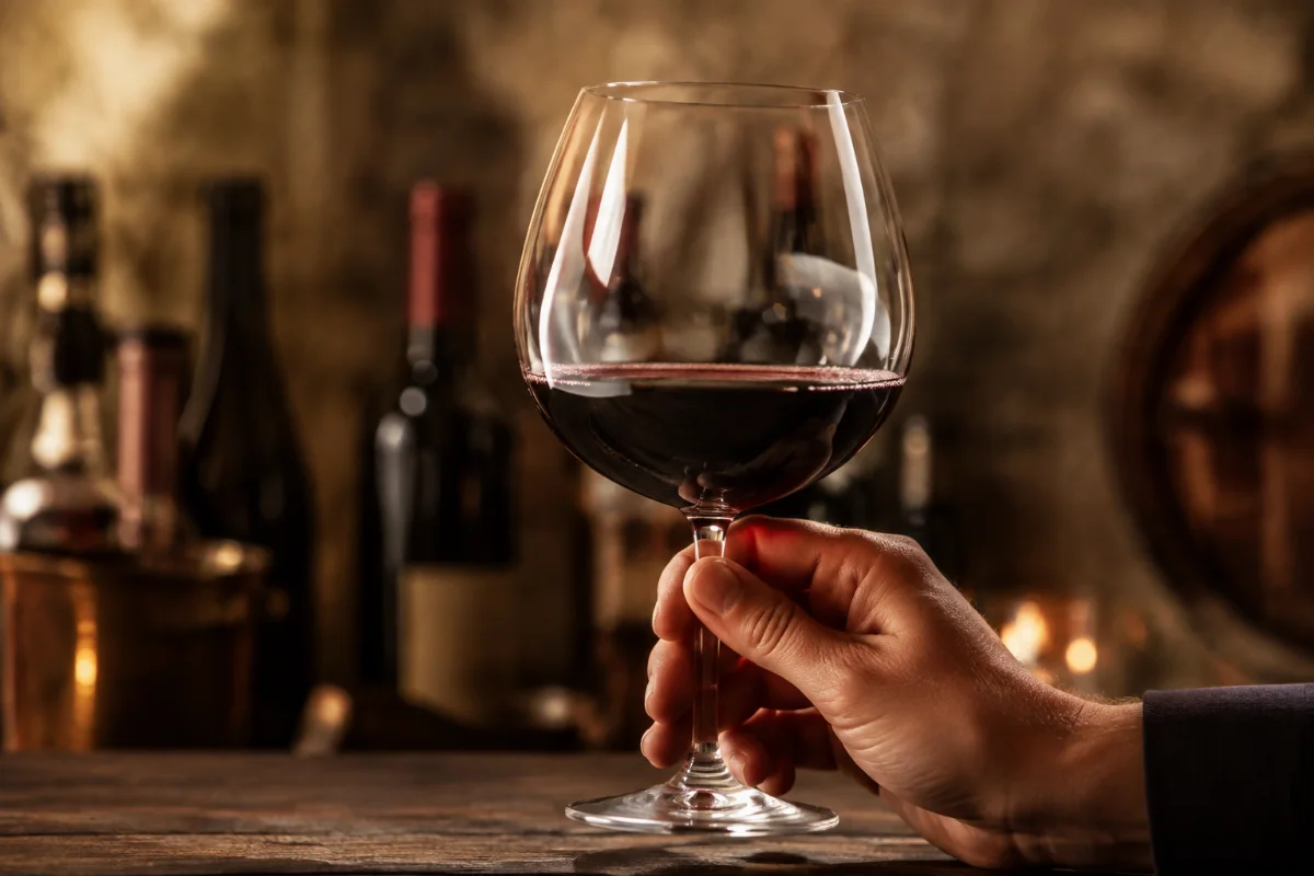 Nahaufnahme einer Hand, die ein bauchiges Rotweinglas mit dunklem Rotwein hält, warmes Licht, dezenter Hintergrund mit