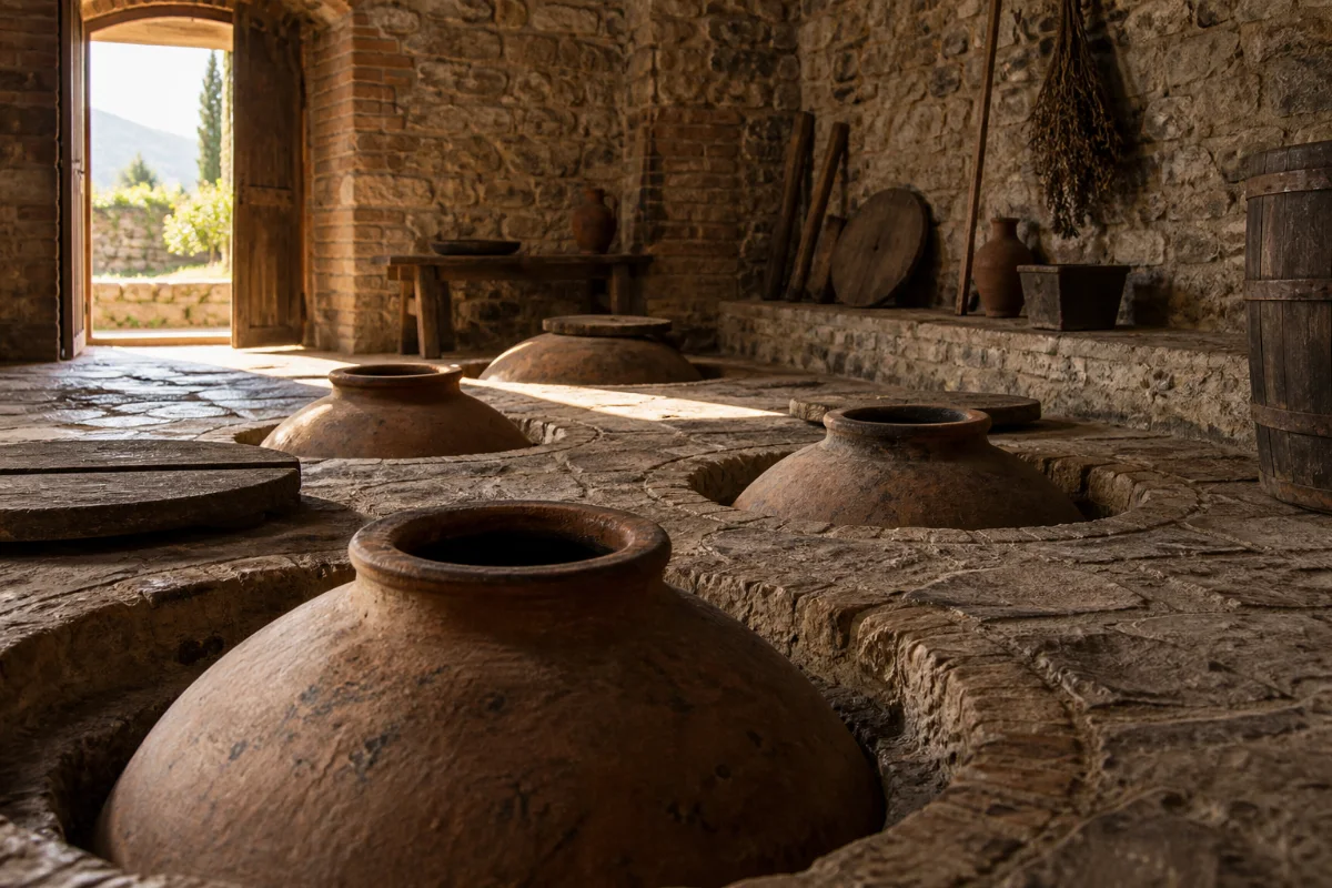 Historische georgische Qvevri-Tonamphoren, halb im Boden eingelassen, in einem traditionellen Weinkeller, natürliches Licht