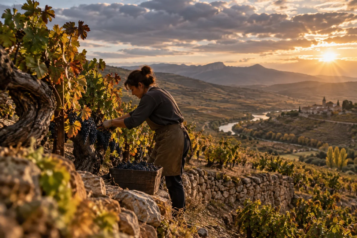 Winzerin bei der Handlese alter Rebstöcke in einem terrassierten Weinberg der Rioja, natürliches Licht, dokumentarischer Stil