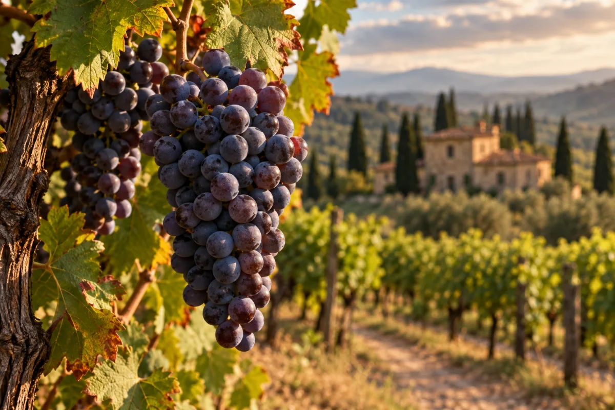 Nahaufnahme reifer Sangiovese-Trauben an einem toskanischen Rebstock, im Hintergrund unscharf ein altes Gutshaus