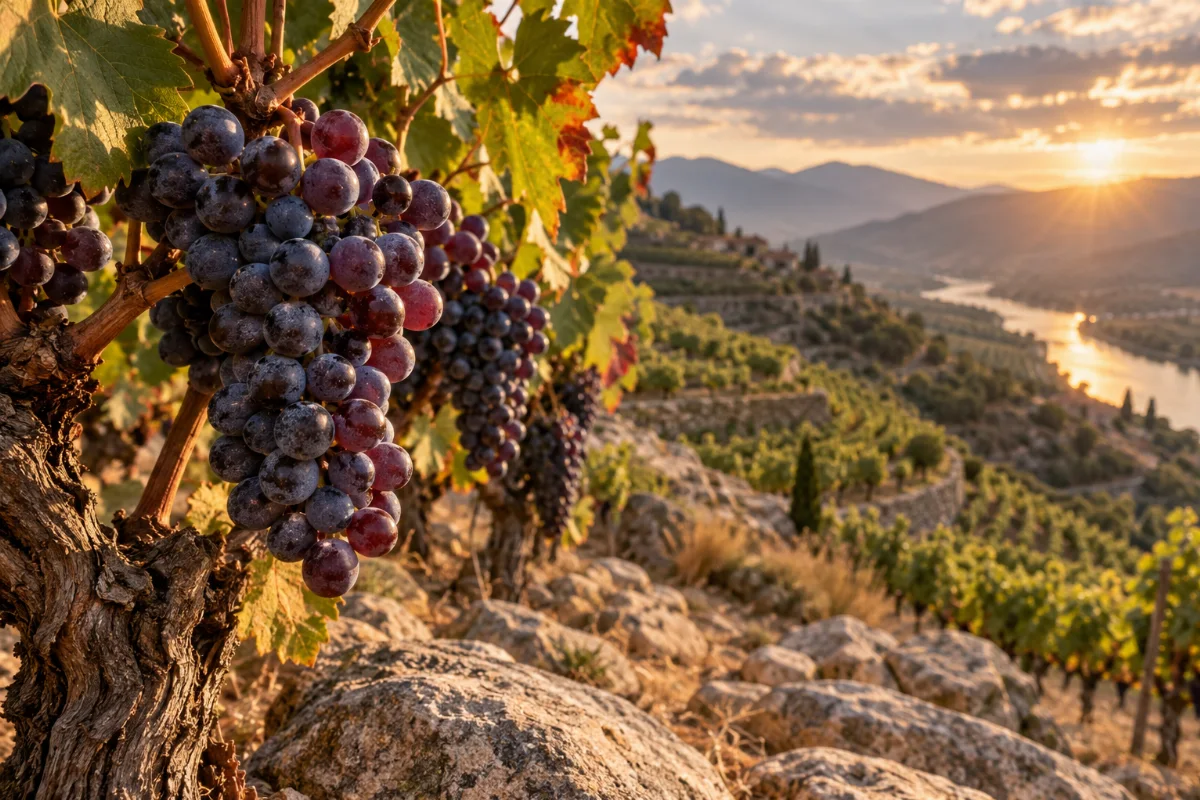 Nahaufnahme reifer roter Weintrauben an der Rebe in terrassierten Weinbergen des Rhônetals, Sonnenlicht, steiniger