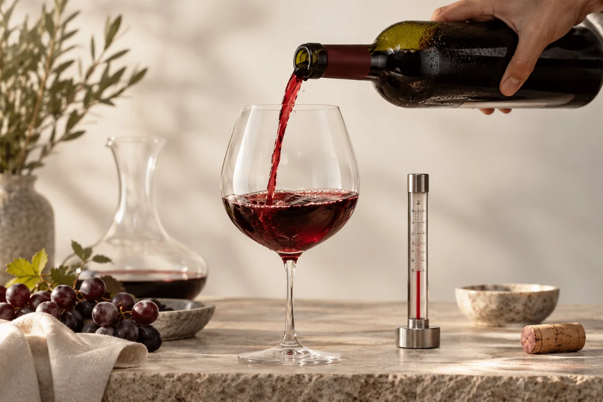 Hand schenkt Rotwein aus einer leicht beschlagenen Flasche in ein bauchiges Glas, daneben ein kleines Thermometer, neutraler
