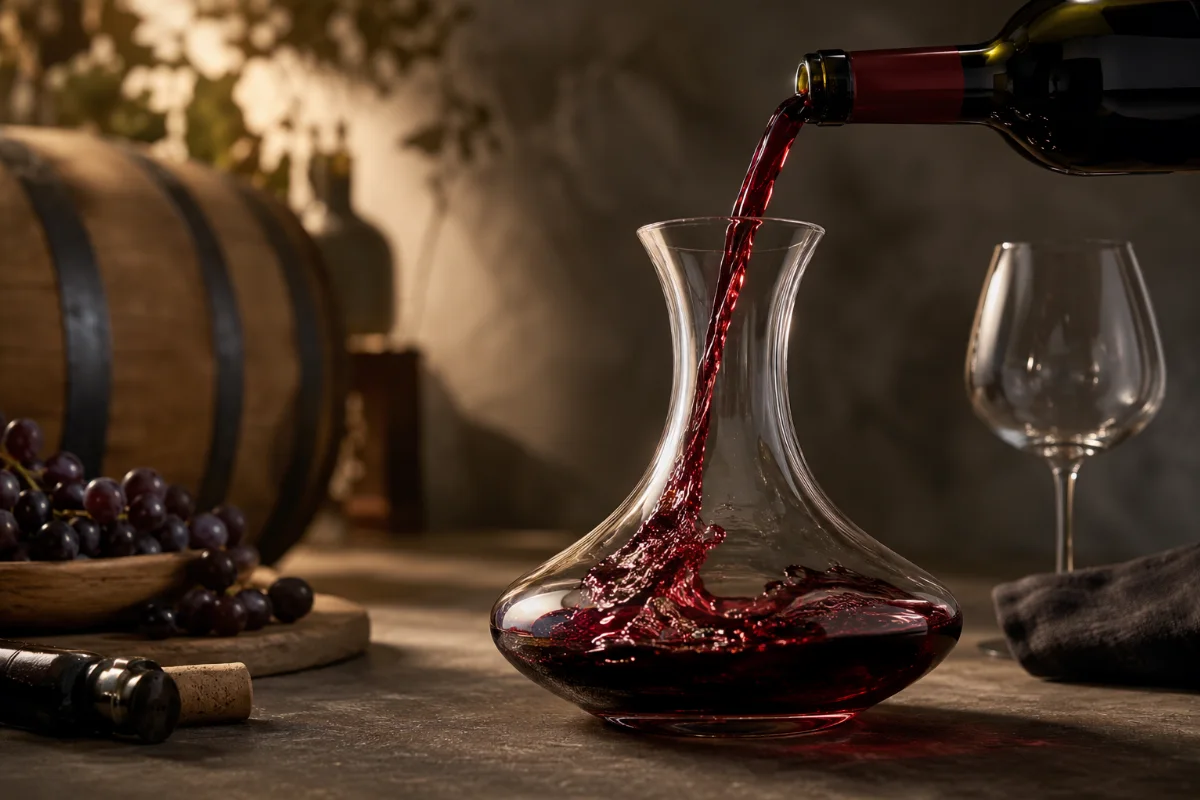 Rotwein wird aus einer Flasche in eine Glaskaraffe dekantiert, Studiolicht, Fokus auf den fließenden Wein